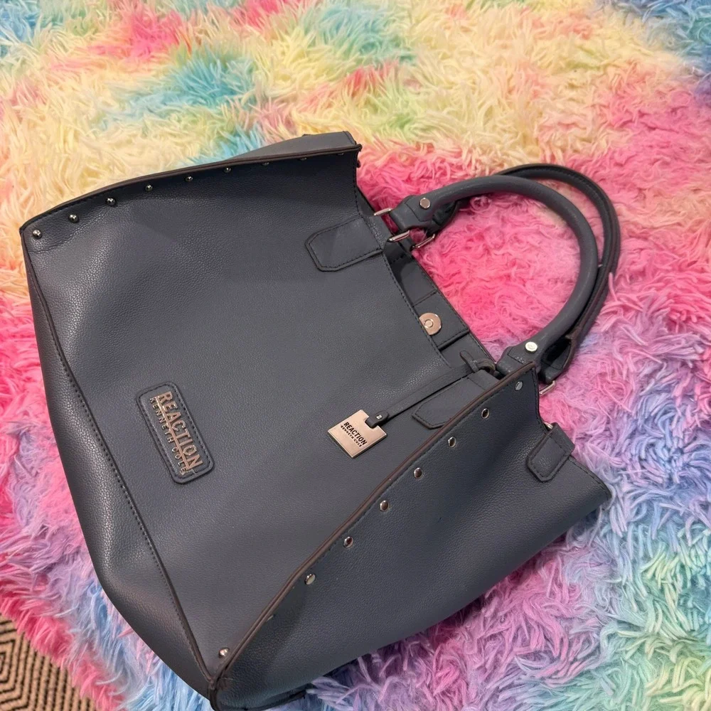 Kenneth Cole Reaction Satchel Women Medium Blue Gray Studded Tote Bag